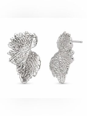 Silver Textured Leaf Statement Stud Earrings Botanical Vein Design